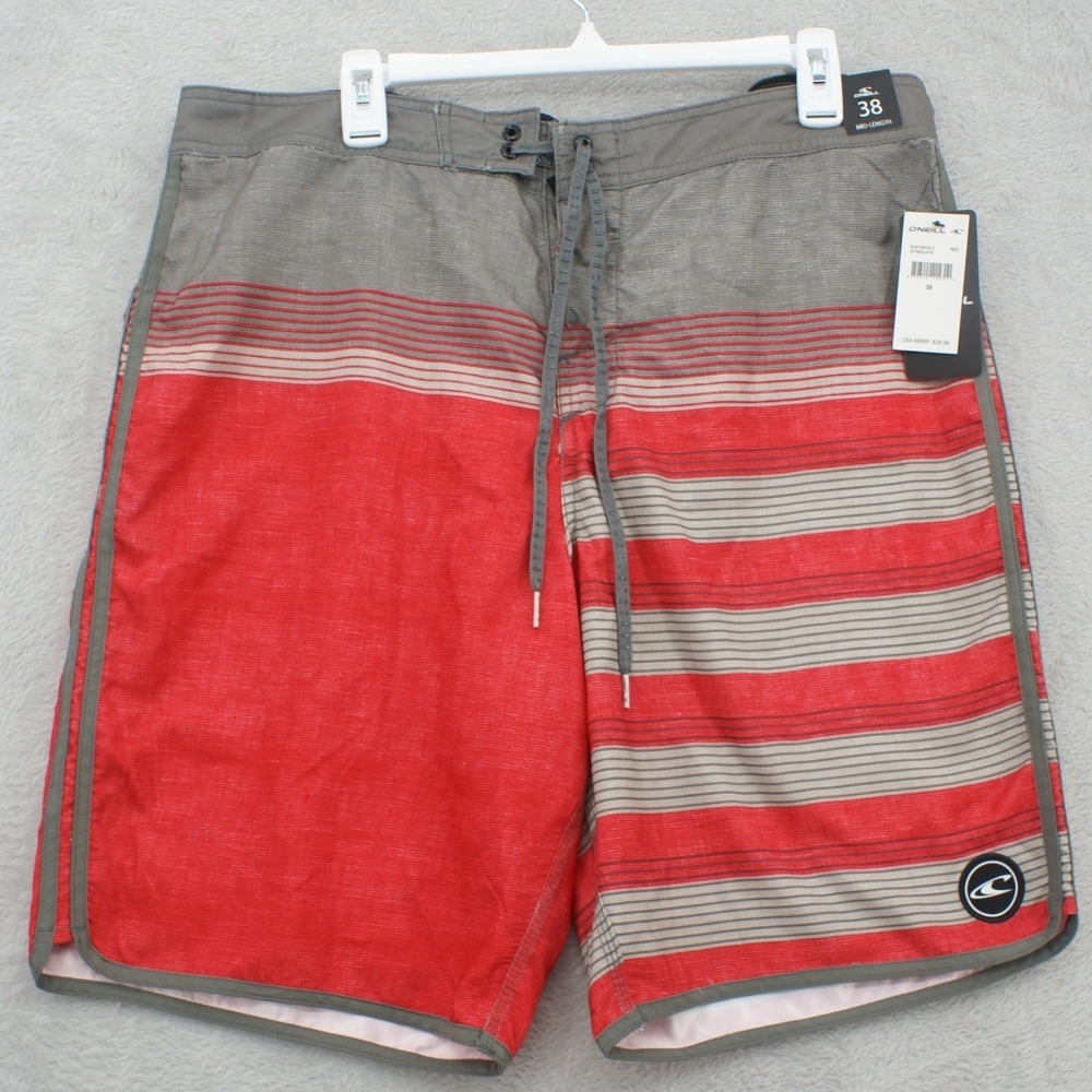 ONeill Syndicate Mens Red Grey Striped Board Shorts Swim Trunks 38 SU8106101X